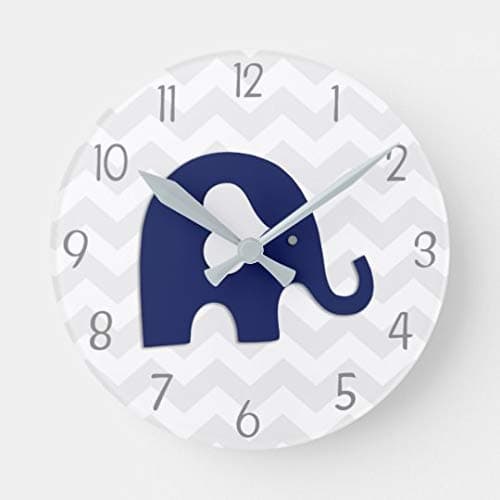 Moonluna Navy Blue Grey Elephant Nursery Wooden Clock for Walls Decoration Round Nursery Wall Clock for Kids Room 10 inches