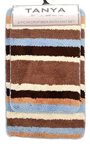 Tanya 2-Pc Striped Colorful Bathroom Rug Set Soft Microfiber Bath - Blue & Brown