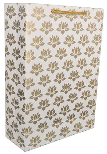Arrow Paper Products Golden Lotus Design Paper Gift Bags for Gifting | Return Gifts | Weddings | Birthday & Holiday Presents (Size- 20.32 x 7.62 x 27.94 cm | Pack of 10)