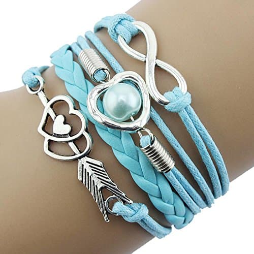 Sannysis DIY Love Heart Pearl Friendship Antique Leather Charm Bracelet (Sky Blue)