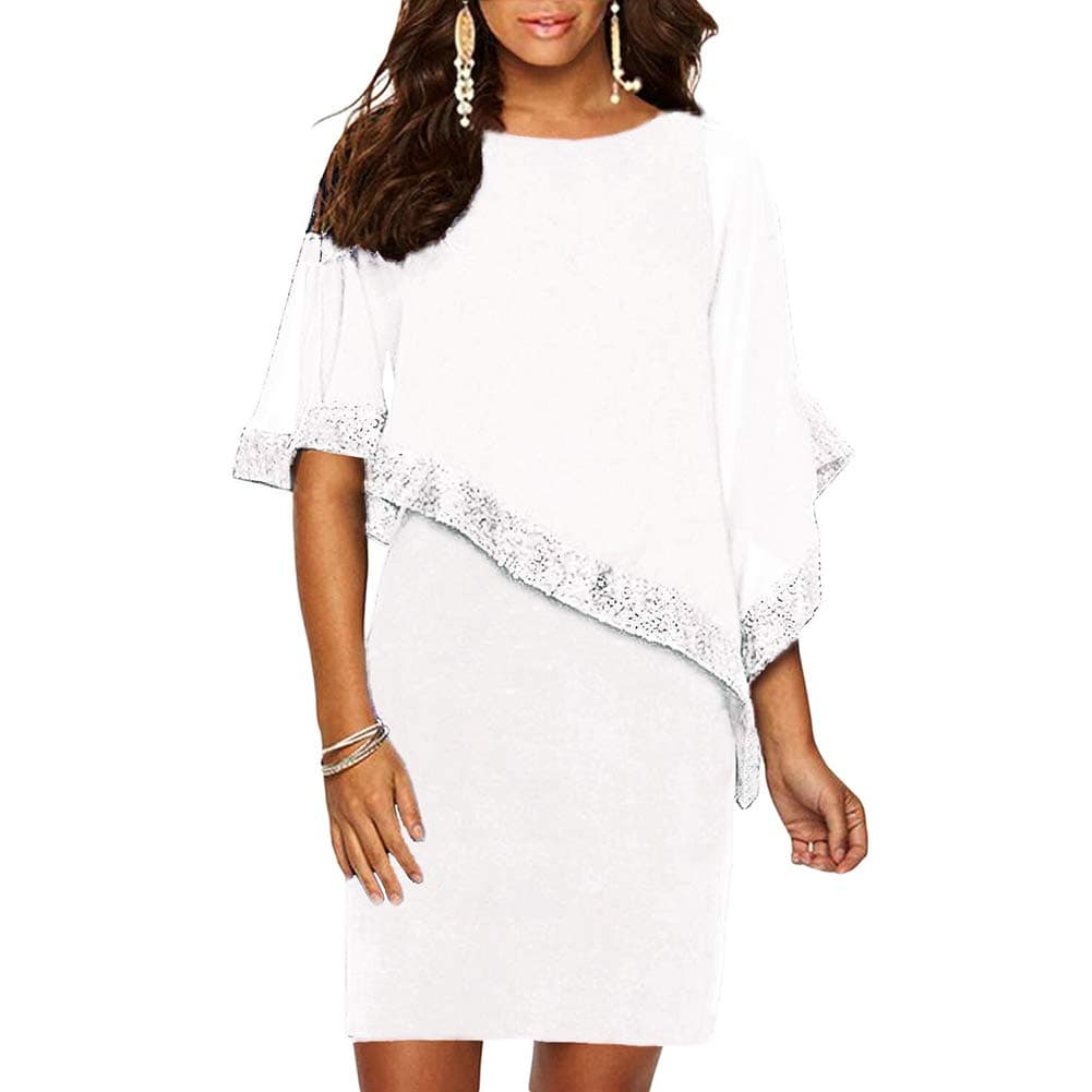 Women Cocktail Dress Sequined Overlay Chiffon Poncho Pencil Party Mini Dresses White