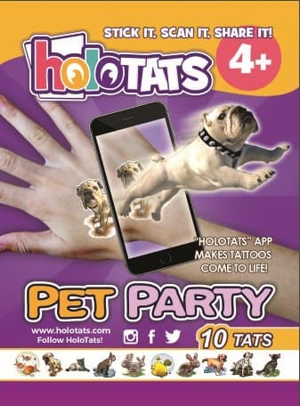 Pet Party - Holographic Augmented Reality Temporary Tattoos for Children & Adults. Great for Kids Parties and Gift Bags (Set of 10)