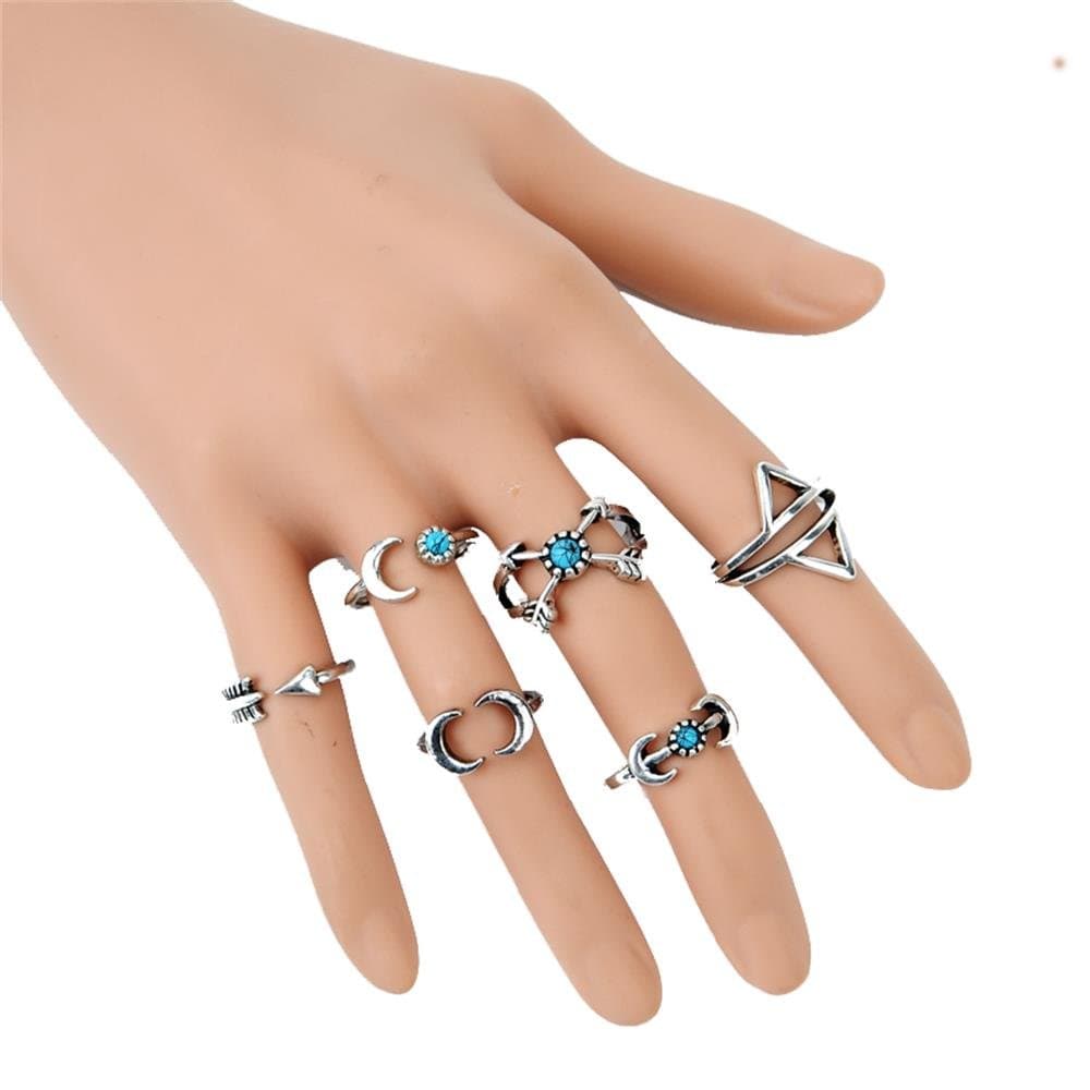 reg;6PCS Fashion Vintage Silver Turkish Beach Punk Arrow Moon Turquoise Joint Knuckle Nail Midi Ring Set