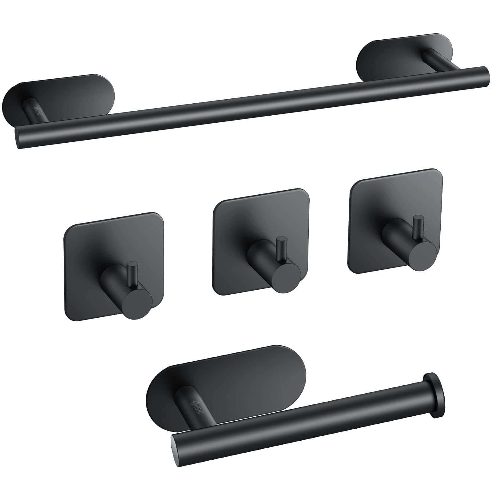Adhesive Towel Bar 5 Pcs Self Adhesive Bathroom Hardware Accessory Kit , Towel Hook Stainless Steel Wall Mount Towel Holder(NO Drilling) (Black)