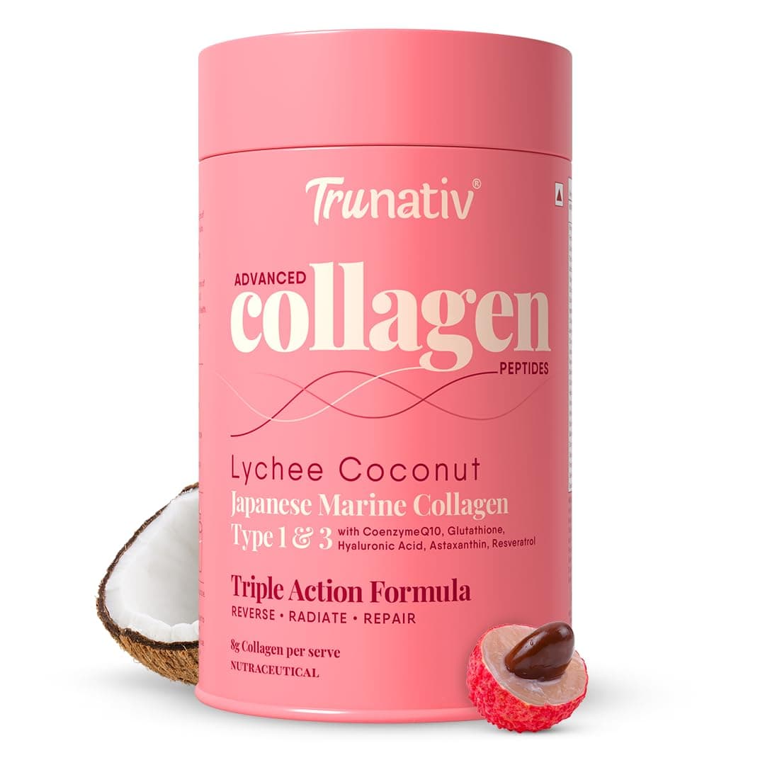 Trunativ Collagen Supplements | Advanced Japanese Marine Collagen Powder for Women & Men | Type 1 and 3 Hydrolyzed Peptides | Supplement with Hyaluronic Acid | Supports Skin Glow, Hair Growth, and Nail Strength | Lychee Coconut (200g)