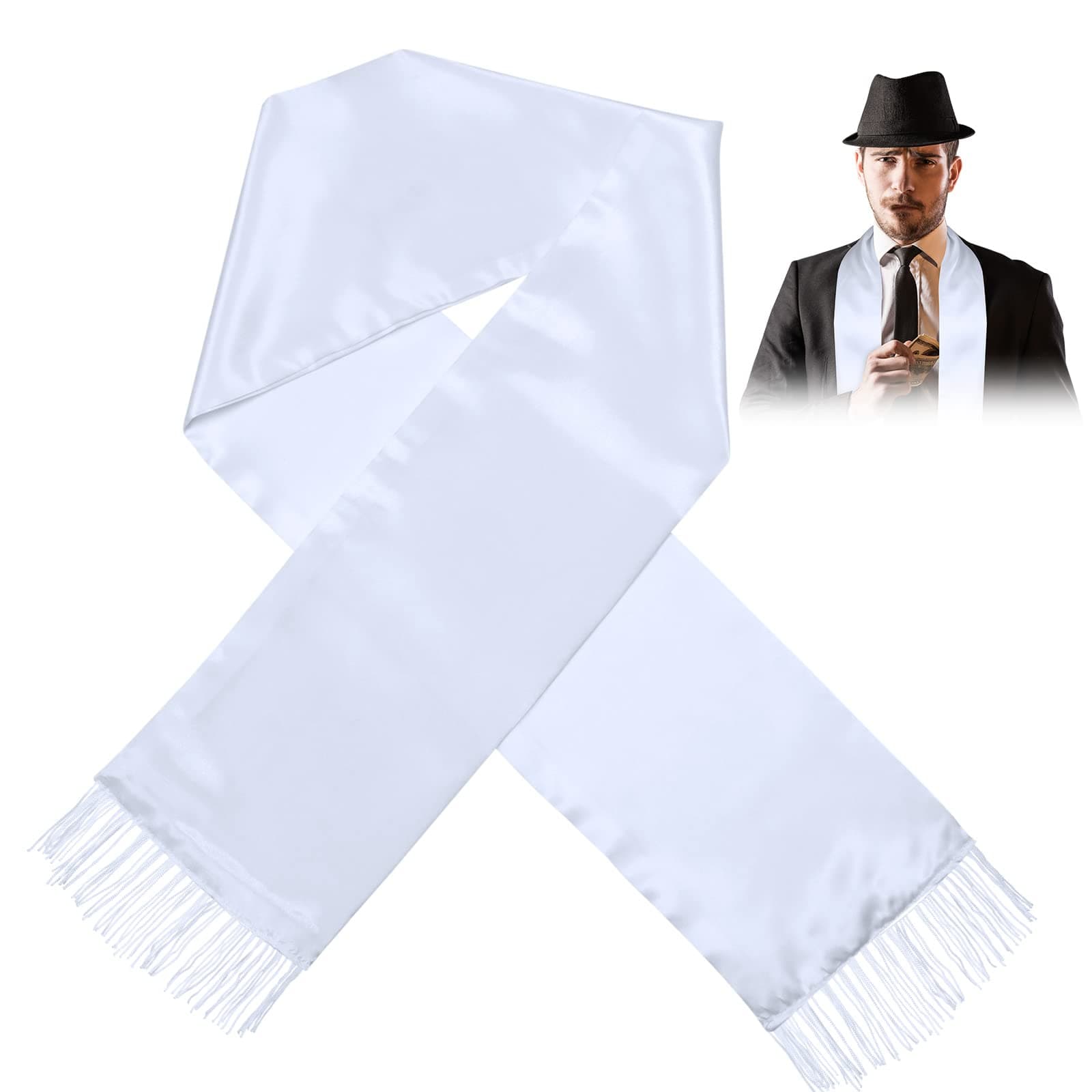 White Scarf Men 1920's Scarf with Tassels Halloween Costume Long Shawl Fancy Dress 1920s Accessories for Men Women Outfit Gangster Cosplay Party Decoration Supplies