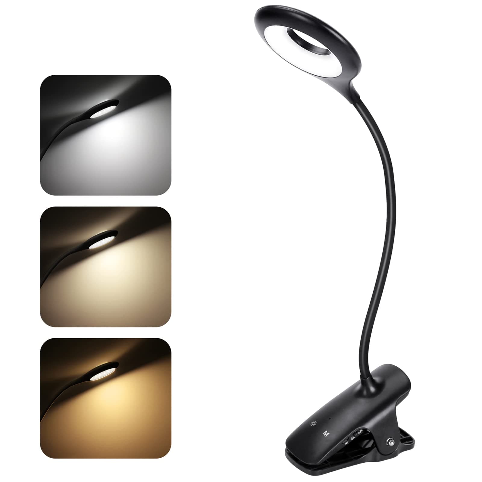 Clip on Book Light in Bed, Rechargeable 28 LED Small Desk Lamp 3 Brightness*3 Color Reading Light Clamp Lamp,Touch Control Dimmable Reading Lamp with Flexible Neck Night Light for Kids(Black), PH500