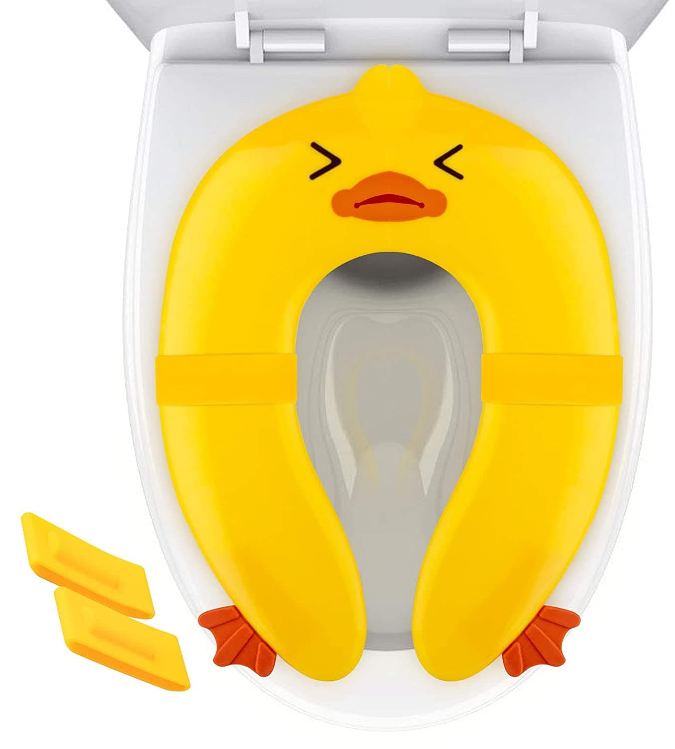 Toilet Potty Training Seat Cover, Travel Toilet Seat, Folding Non Slip Silicone Pads, Travel Portable Reusable Kids Toddlers Boys Girls, Carry Bag (Yellow - Duck)