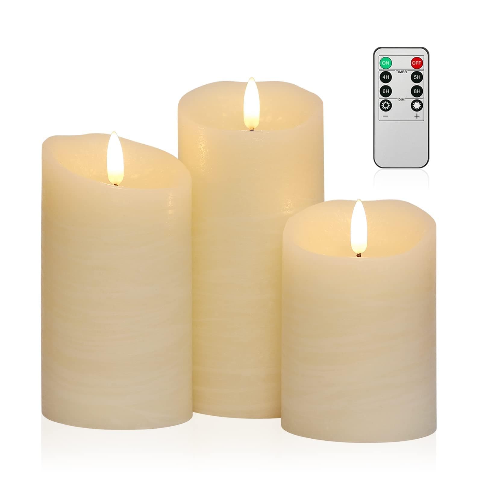 ANGELLOONG Flickering Flameless Candles with Remote, Real Wax Battery Operated Candles with Timer for Home Decor, Set of 3 LED Fake Candle for Fall Wedding Halloween Chirstmas Decoration, Ivory White