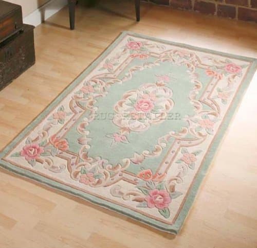 Chinese Wool Rugs In Green Handmade Traditional Aubusson Design 60x120cm or 2'x4'