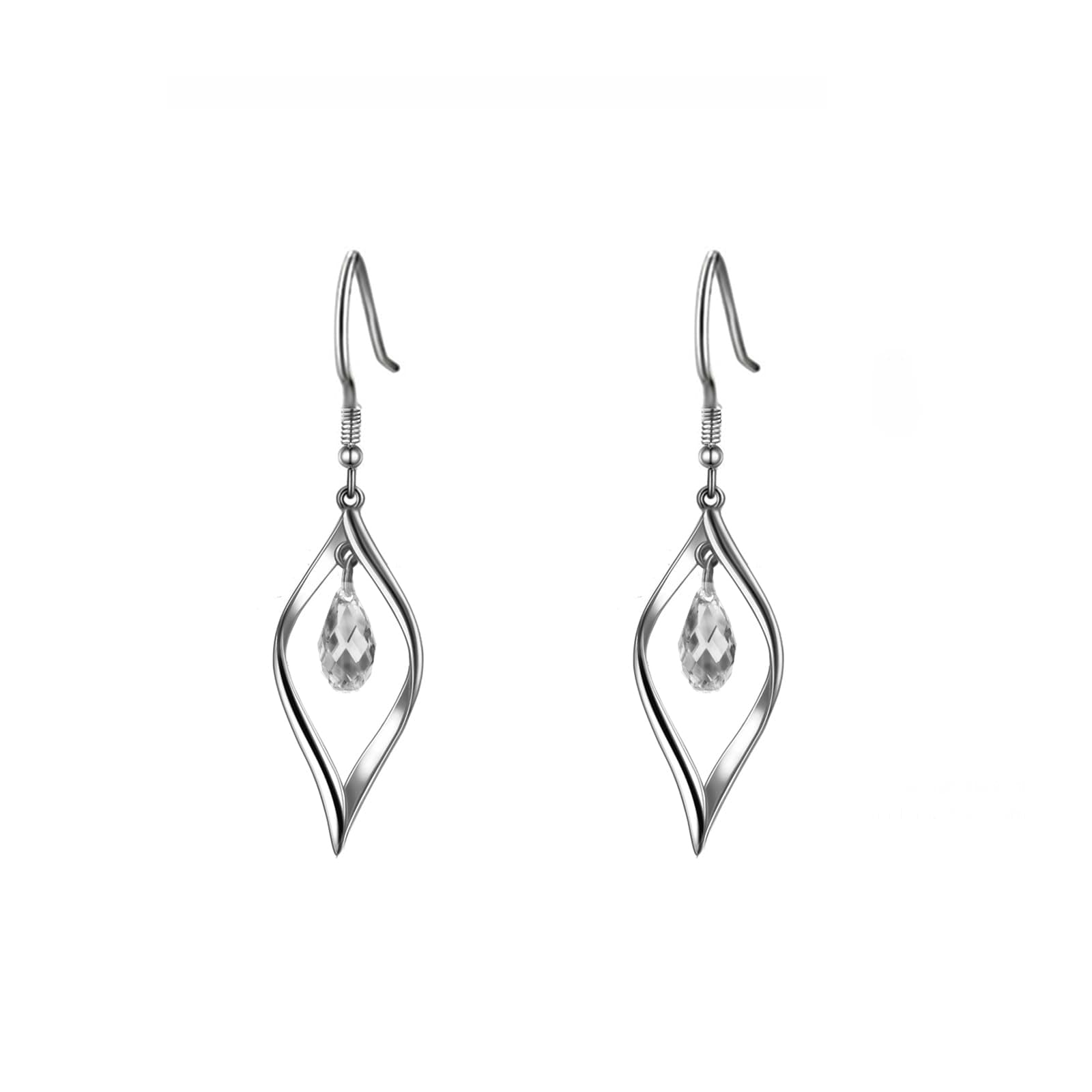 Rhodium Plate 925 Sterling Silver Hook Twist Leaf Holiday Hypoallergenic Dangle Earrings for Women Gifts Engagement Wedding with Austrian Daiamond Cut Waterdrop Crystal Hight Polished Long :1.9 IN