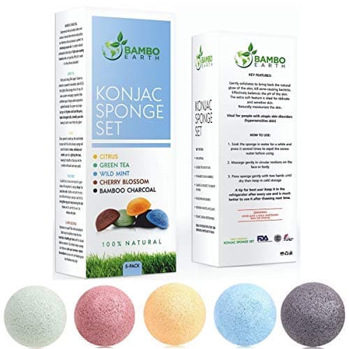 Original Konjac Sponge Set - 100% Organic & Natural Skincare Exfoliating Bath Sponges for Face & Body Cleansing - Pure Facial & Hypoallergenic 5 Pack - Green Tea, Wild Mint, Cherry, Citrus & Charcoal