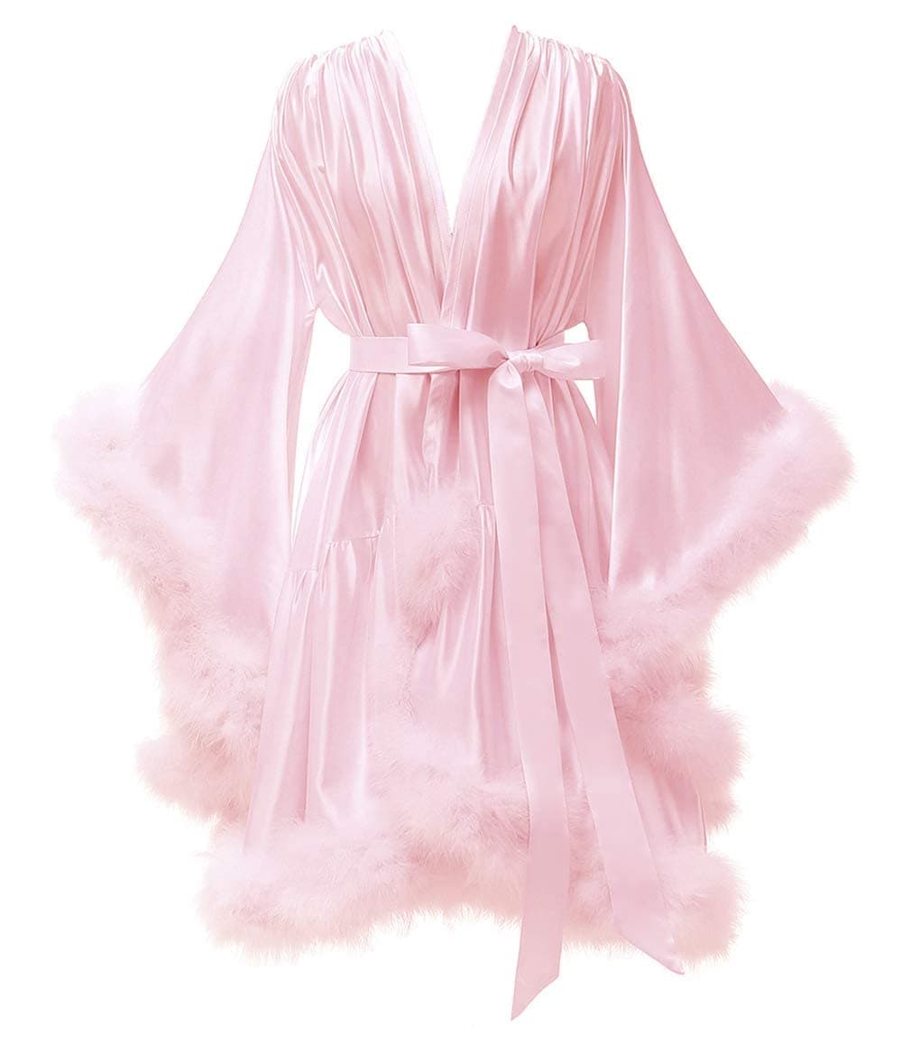 Women's Feather Robe Silk Satin Fur Bridal Robe Short Dressing Gown Bathrobe Lingerie Nightgown Sleepwear