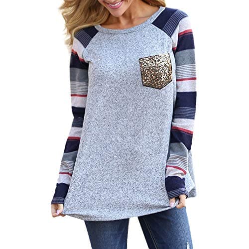 Goddessvan Women's Tops Long Sleeve Sequins O-Neck Casual Tunic Blouse Shirt Pullover (XL, Blue)