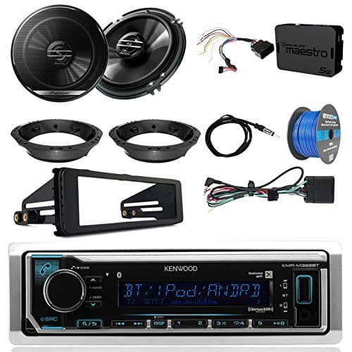 Kenwood KMR-M322BT Marine Bluetooth Radio, 2X Pioneer TS-G1620F 6.5 Speakers, Adapters, iDataLink Wiring Kit, Enock Harley Dash Kit, Antenna, 16-G 50 Ft Tinned Wire (Select '98-'13 Harleys)