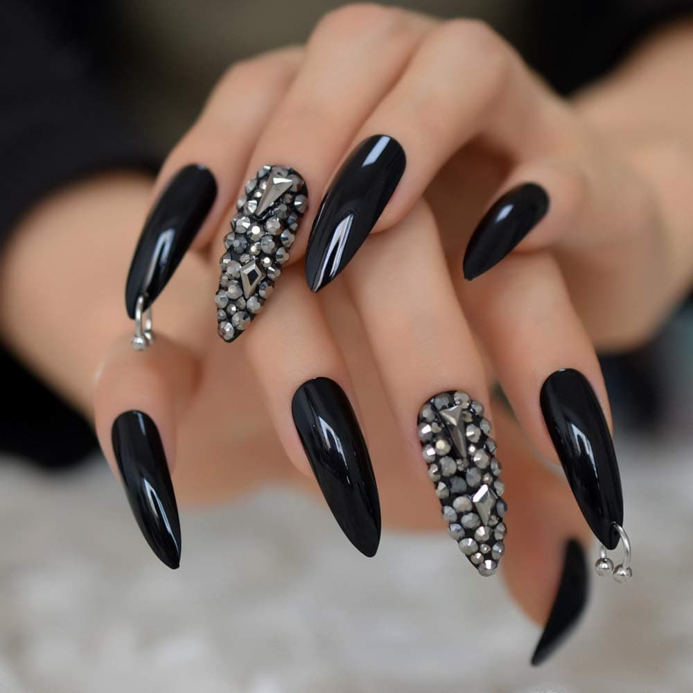 EchiQ Punk Silver Diamond Glossy Bright Black Press on False Nails Extra Long Stiletto UV Gel Glue On Fingersnails Free Adhesive Tapes