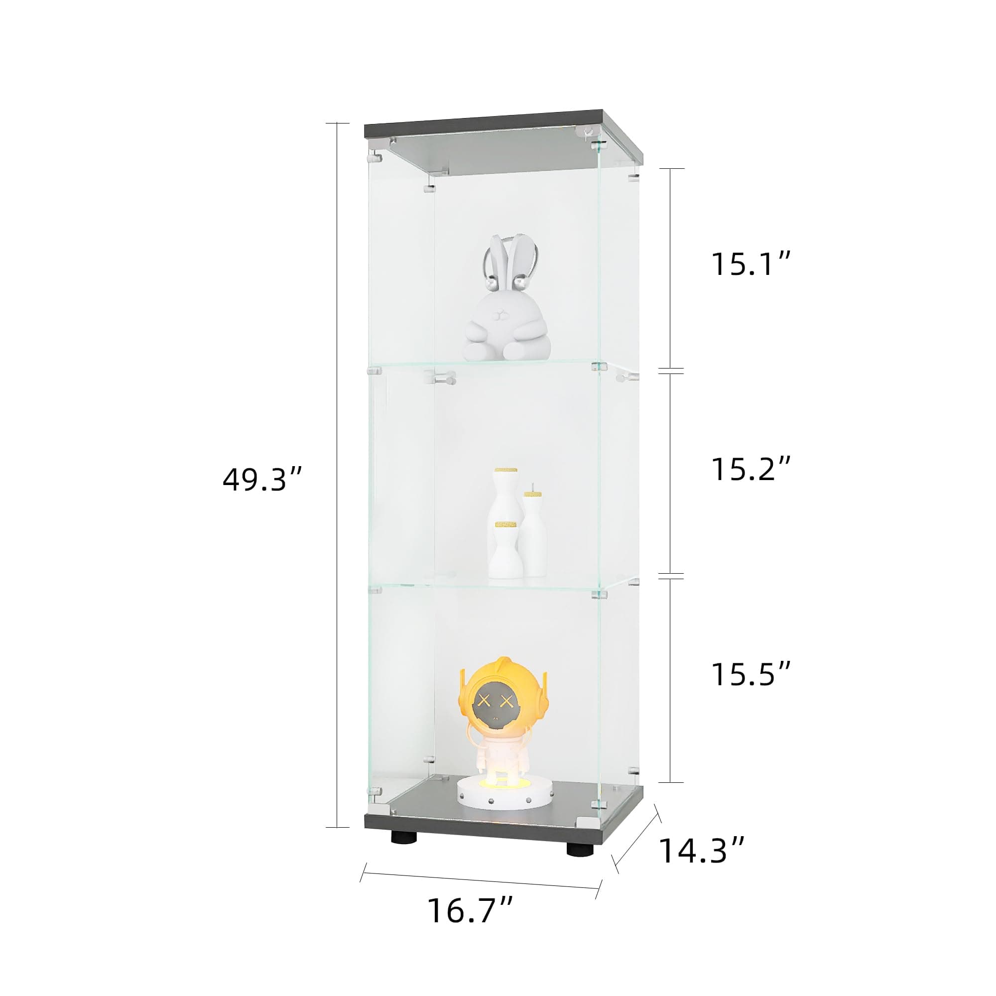 Yoluckea 3 Shelves Glass Display Cabinet with Door,Floor Standing Clear Glass Curio Cabinet Collection Display Case for Living Room Bedroom 49.41”x15.16”x13.58” Black (Quick Assembly)