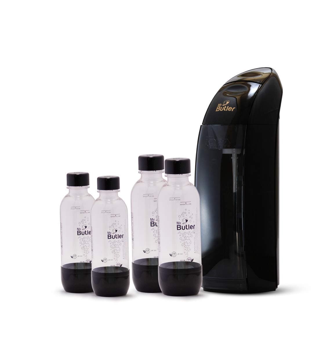 Mr. Butler Italia Soda Maker Black – Jumbo Pack with 2 cylinders and 4 PET Bottles