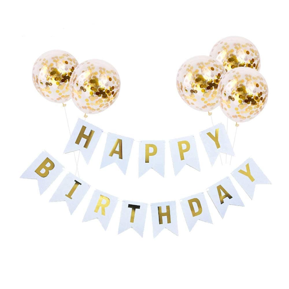 KungFu Mall Birthday Party Decoration Kit, 1 Happy Birthday Banner and 5 Pcs Gold Confetti Balloons for Birthday Party Decorations, Party Supplies(Gold)