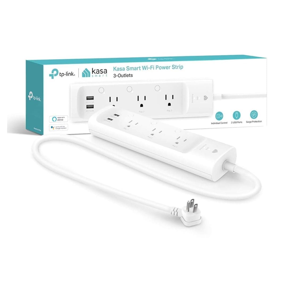TP-Link Kasa WiFi Power Strip 3 outlets with 2 USB Ports, equipped with ETL certified surge protection shields, control from anywhere, voice control, no hub required (KP303)
