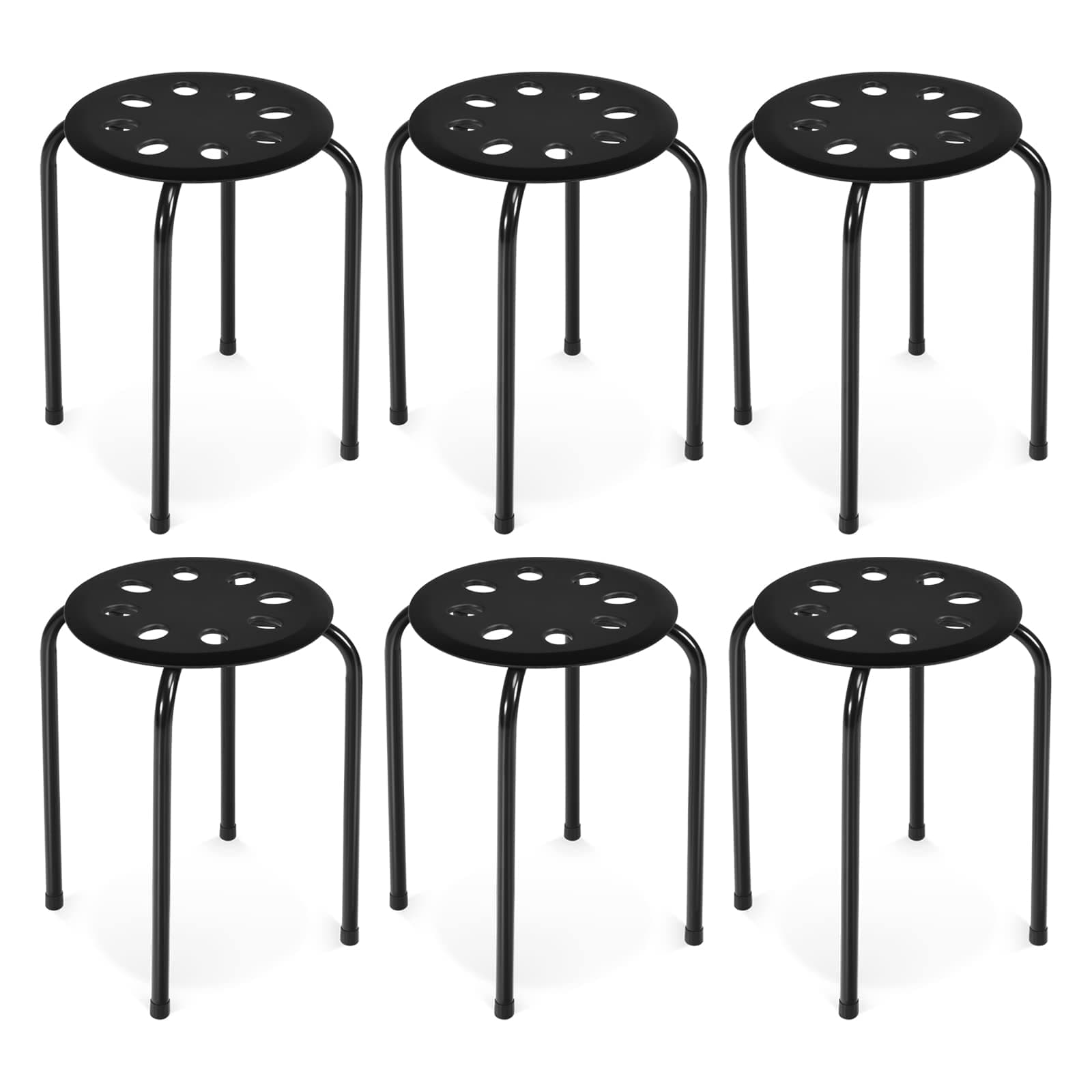COSTWAY 6-Pack Round Plastic Stack Stools, 17.5-inch Height Backless School Classroom Decoration Stools with Metal Frame, Portable Stackable Chairs for Kids Children Students, Black