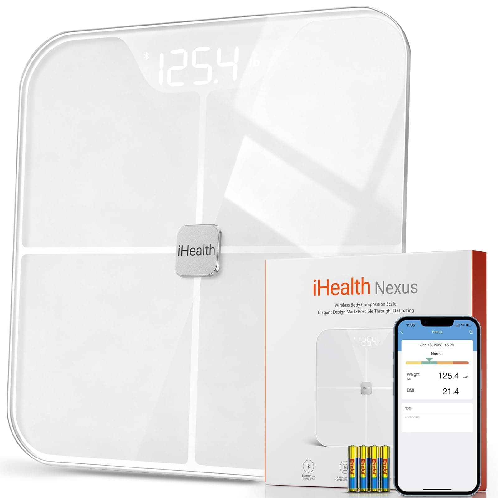 iHealth FIT Body Fat Scale Smart BMI Scale Digital Bathroom Bluetooth Weight Scale, Body Composition Analyzer with Tempered Glass Platform, Large LED Backlit with Smartphone App, 400 lbs - White