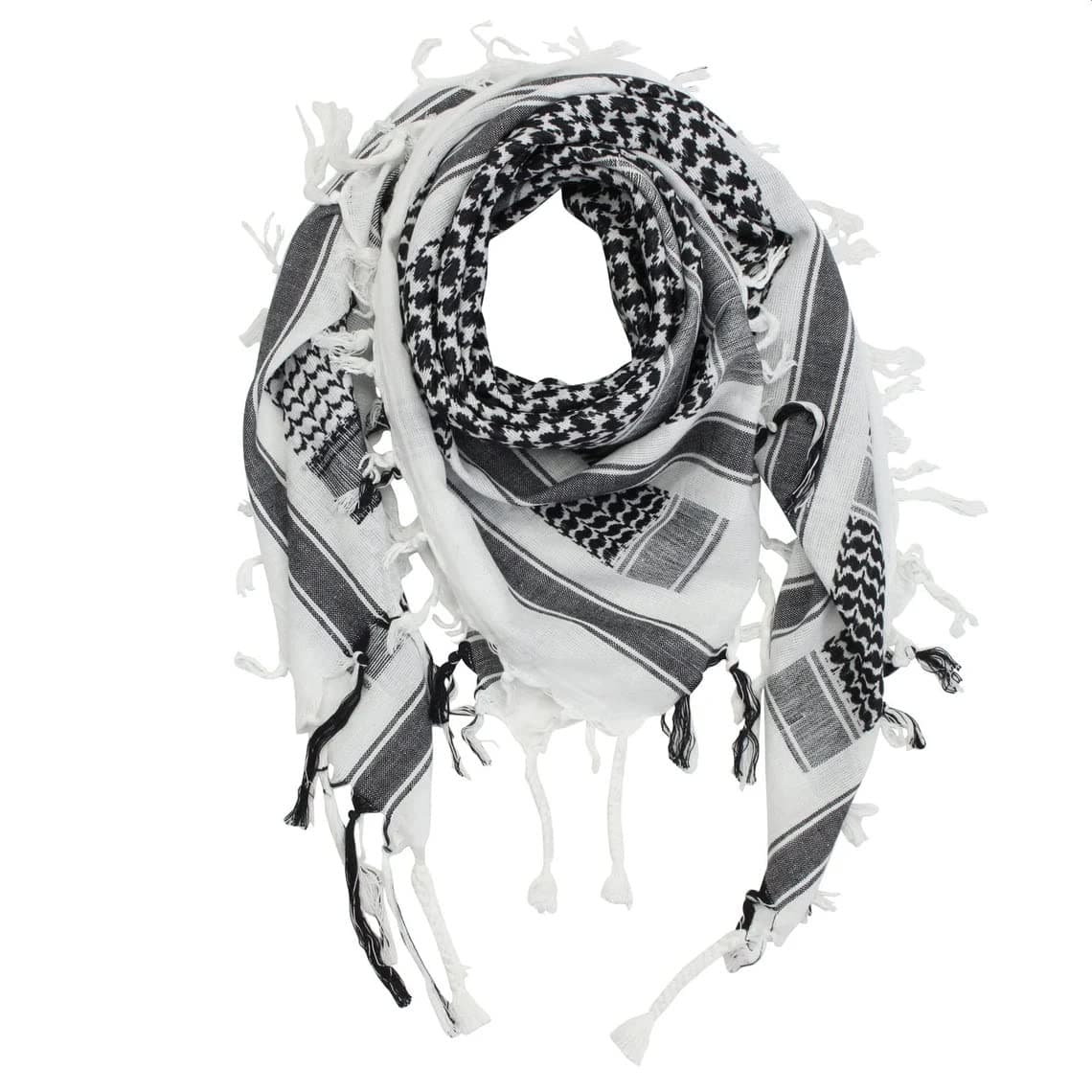 Shemagh Scarf Military Tactical Desert Keffiyeh Scarf Head Neck Scarf Bandana Cotton Colorful Arab Scarves Wrap with Tassel for Men & Women… (White Black)
