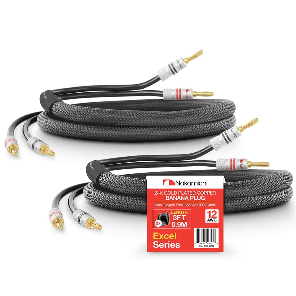 Excel Series 24k Gold Plated Banana Plug with (3 Feet) Speaker Cable Wire 99.9% Oxygen-Free Copper (OFC) Heavy Duty Braided in-Wall CL2 Rated - Black (12AWG / 3ft / 0.9m) 2-Pack