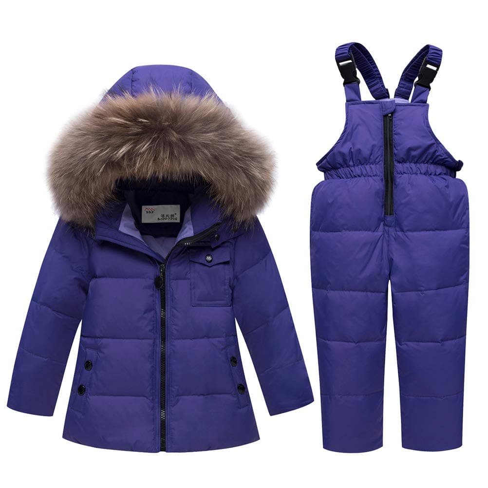 Unisex Baby Kids Puffer Winter Warm Snowsuit Jacket Hoodie Coat Down with Snow Down Bib Pants 2 Pieces Ski Outfit Set 0-5 Years