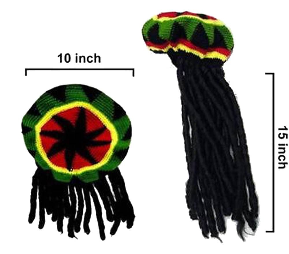 Brand New Rasta Reggae Knitted Beannie Hat with Long Dread Locked Hair