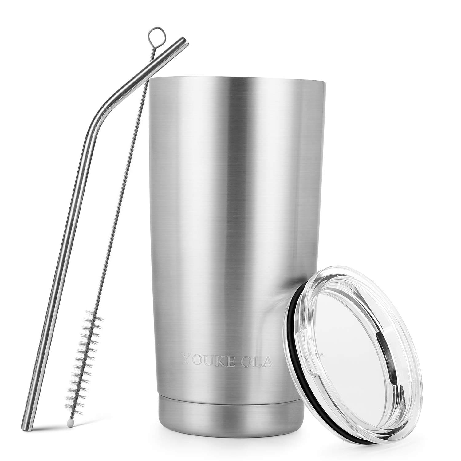 Stainless Steel Tumbler 20oz - Vacuum Insulated Tumbler Coffee Cup Double Wall Large Travel Mug with Lid, Straw, Brush (Silver, 20oz-1 Pack)