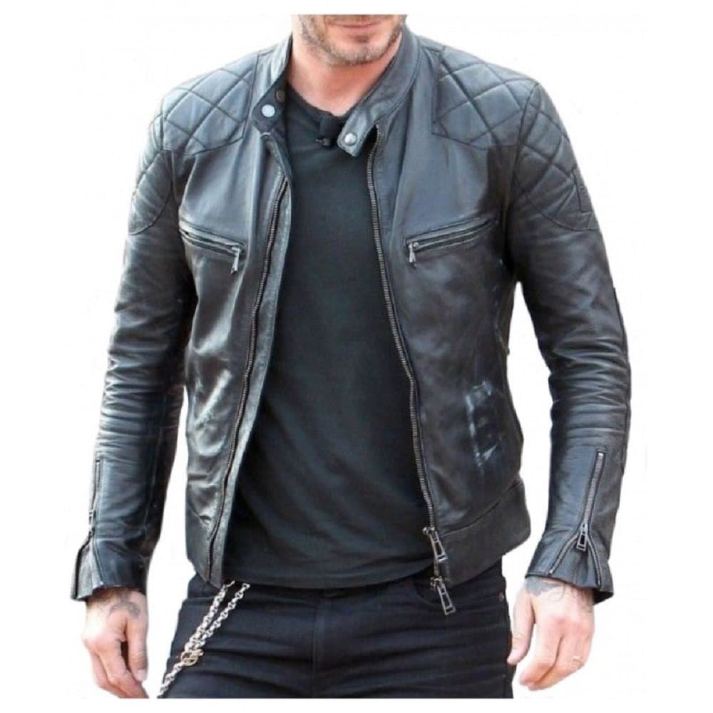 Men's David Beckham Café Racer Biker Motorcycle Quilted Black Leather Jacket