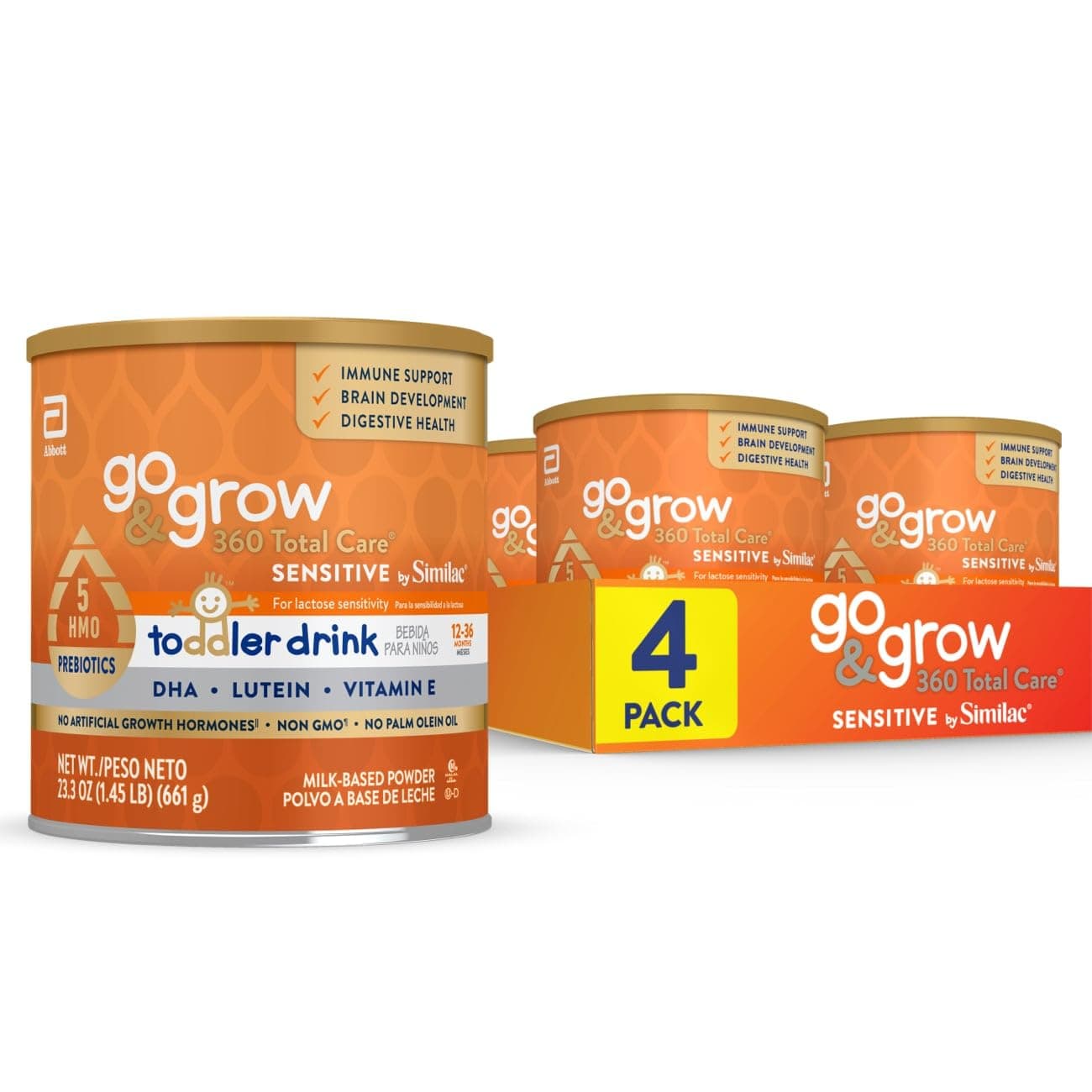 Go & Grow 360 Total Care Sensitive by Similac Toddler Nutritional Drink With 5 HMOs, Powder, 23.3-oz Can, Pack of 4