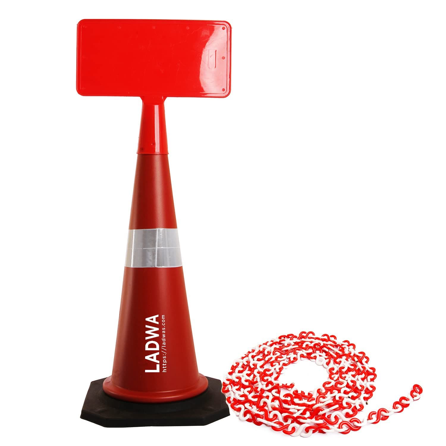 - LADWA 750mm Combo of Impact Resistant Road 1 Traffic Safety Cones + 1 mtr chain + 1 Hooks & 1 Sign Plate with Reflective Strips Collar For Road Attention