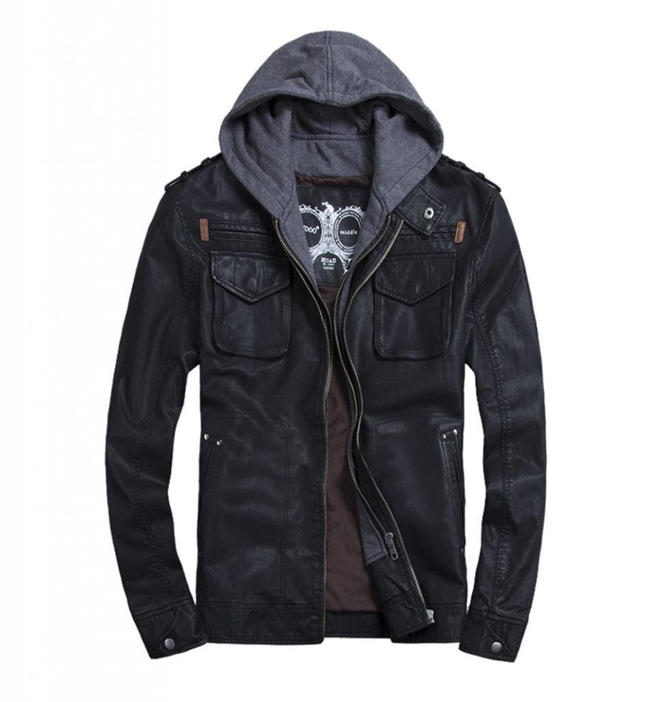 LXTH00o Men's Classic PU Zip Hooded Biker Rock Punk Jacket Coat Black 5XL