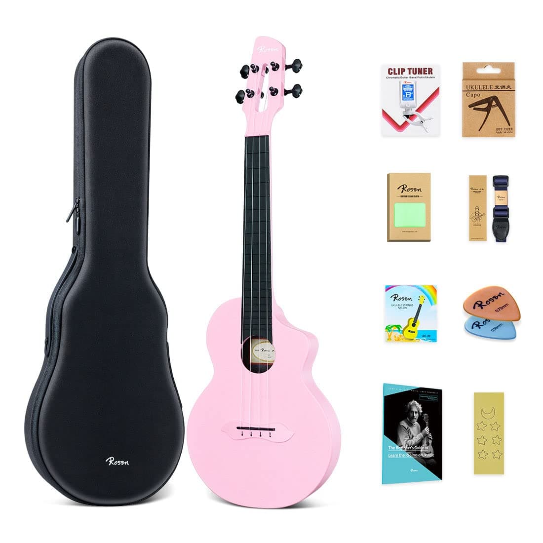 Rosen Concert Ukulele 23 inch Carbon Fiber Travel Ukelele for Adult Kids Beginners Kit with Case, Tuner, Strap, Capo, Strings, Cleaning Cloth, Picks, Ukulele Book(Pink)