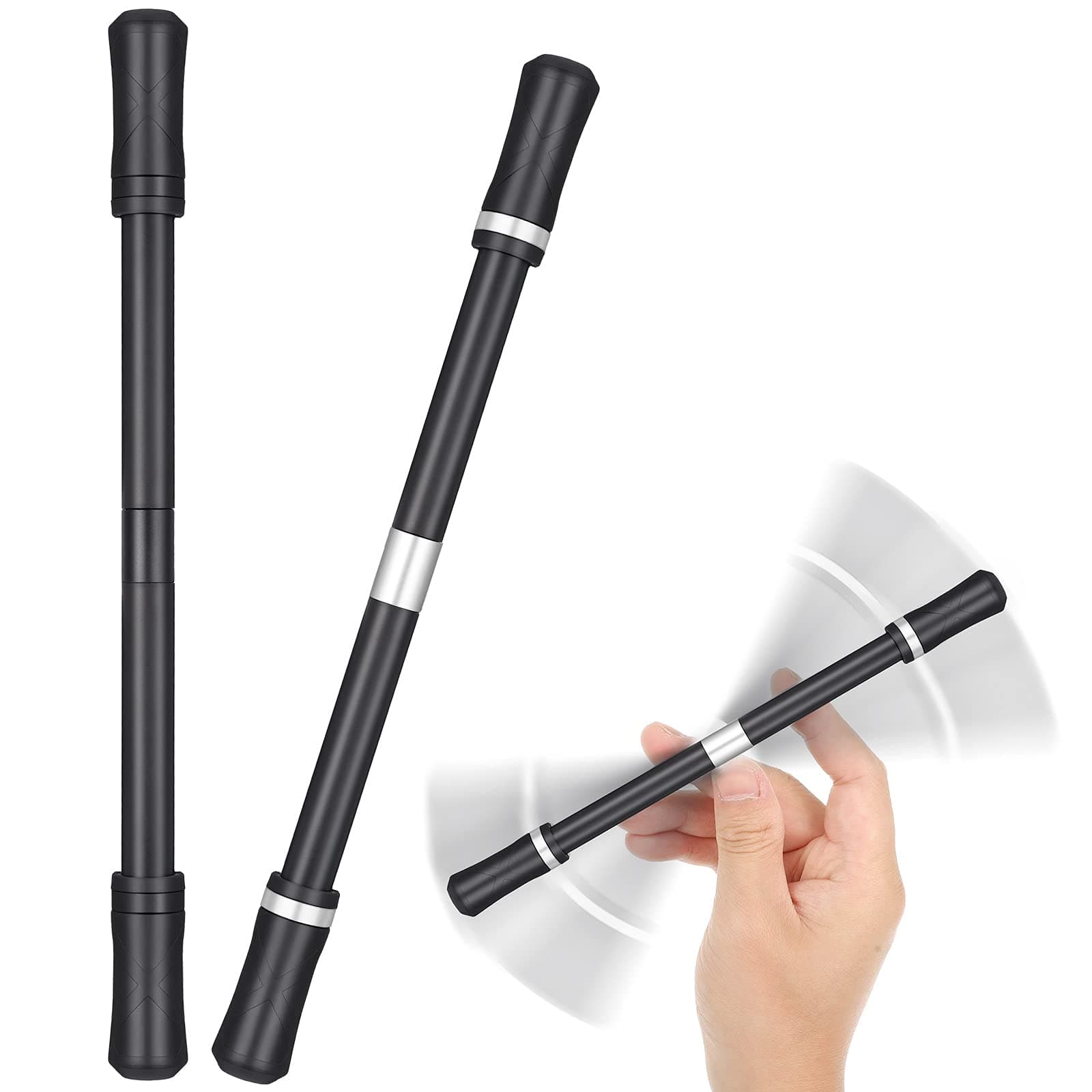 Outus 2 Pieces Spinning Pen Rolling Finger Anxiety Fidget Weighted Pens Cool Rotating Twirling Pencil for Adults Office Supplies, Silver and Black