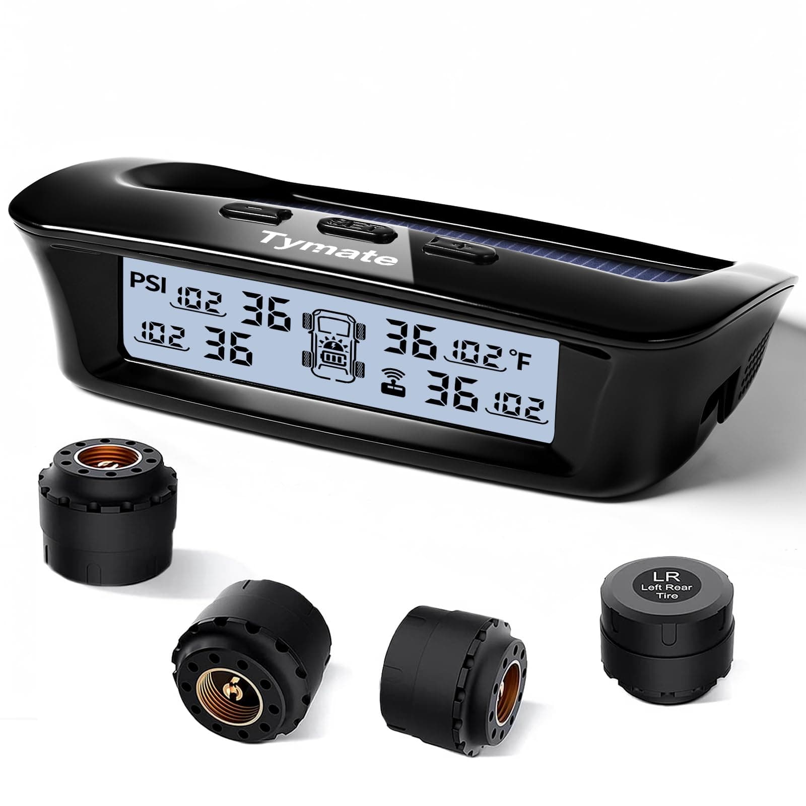 Tymate Tire Pressure Monitoring System-Solar Charge, 5 Alarm Modes, Auto Backlight & Sleep & Awake Mode, Tire Position Exchange, with 4 External Tmps Sensor (0-87 psi)