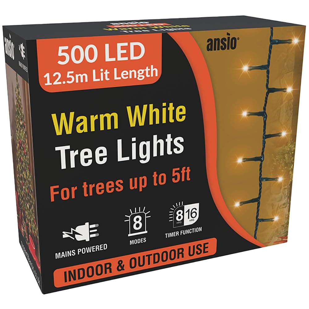 ANSIO® Christmas Tree Lights 500 LED 12.5m/41ft - Warm White Cluster Compact Lights for Indoor & Outdoor Decorations Fairy Lights with Timer for Xmas Garden & Party | Mains Powered Green Cable