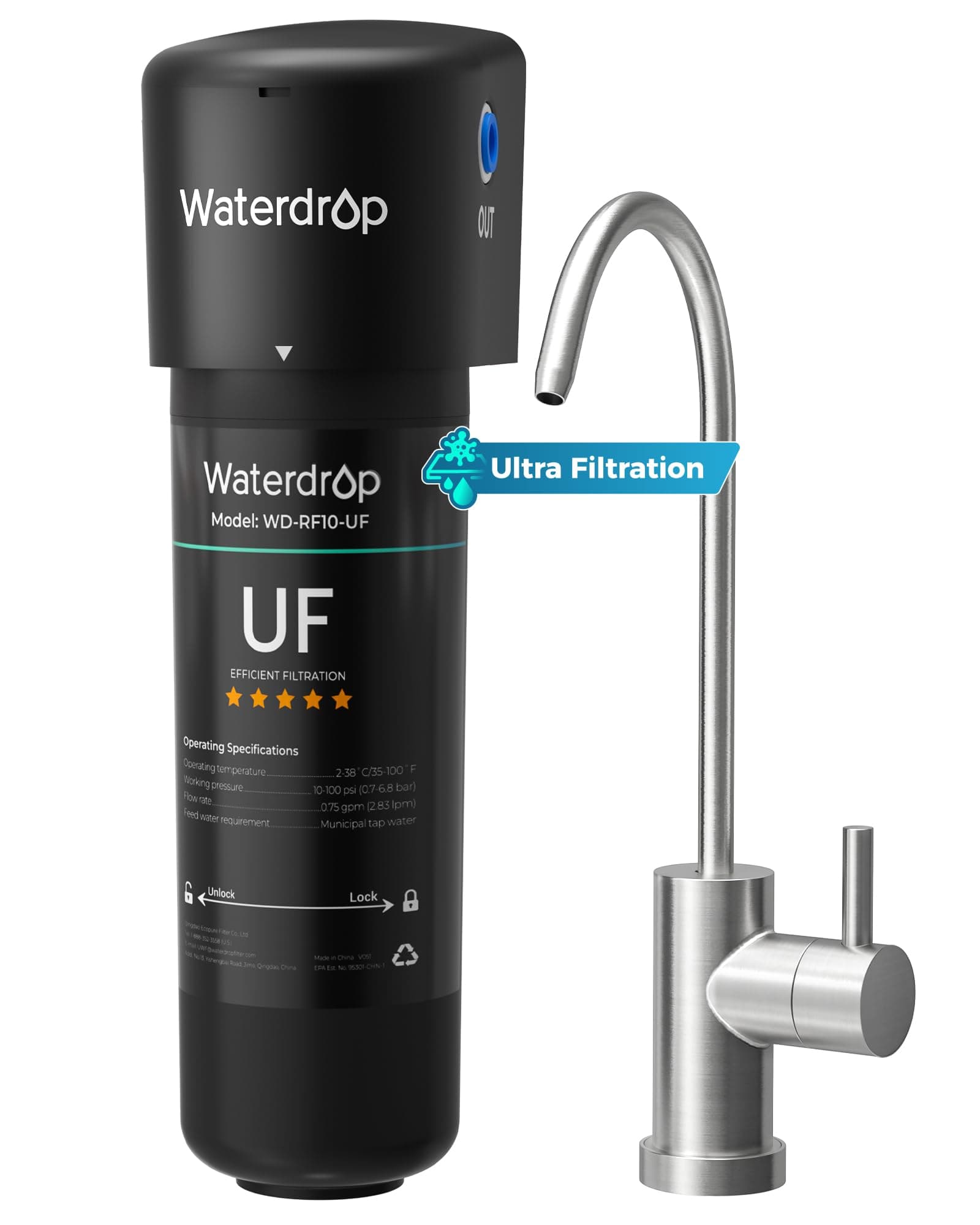 Waterdrop 10UB-UF 0.01 μm Ultra Filtration Under Sink Water Filter System, Reduces Lead, Chlorine, Bad Taste & Odor, 1 Year, with Dedicated Brushed Nickel Faucet, USA Tech