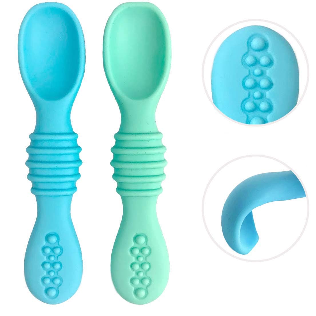 Otterlove Silicone Baby Spoons – 100% Platinum Pure LFGB Silicone Soft-Tip – Self Feeding Training Spoon for Baby Led Weaning (Blue & Green)