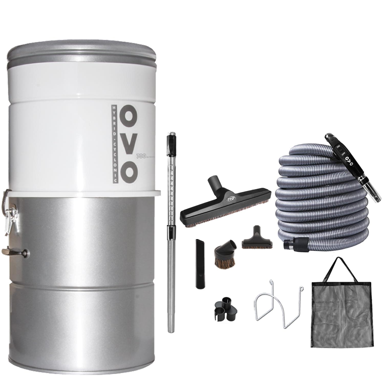 OVO 700 Airwatts Large and Powerful Central Vacuum System, Hybrid Filtration (with or Without Disposable Bags) 25L or 6.6 Gal, 30 ft Deluxe Accessory Kit Included