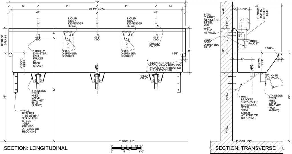 MULTI STATION 3 WASH UP HAND SINK 72" KNEE VALVE STAINLESS STEEL MADE IN AMERICA