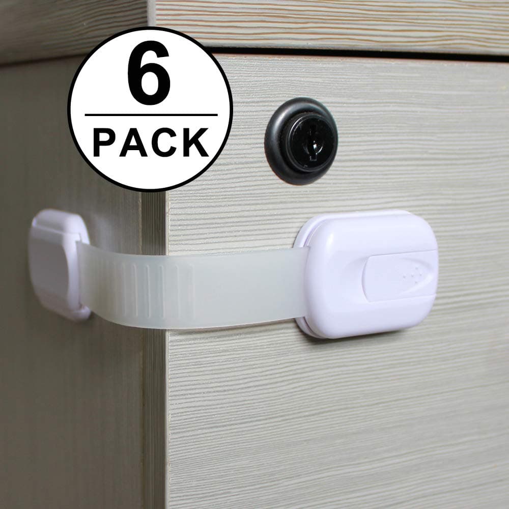 Shackcom Child Safety Cupboard Locks - 6 Pack, Adjustable, No Drilling Needed with Super Strong 3M Adhesive - Uses for Baby Proof Cabinet, Oven, Drawers, Appliances, Toilet Seat, Fridge