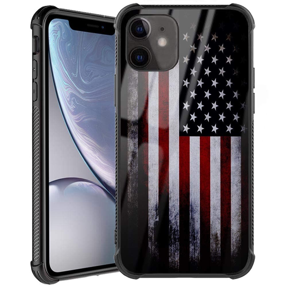 Doulounan iPhone 11 Case, American Flag for Men Boys Patriotism Design Slim Fit Tempered Glass Cover with Soft Silicone TPU Shockproof Bumper Case for iPhone 11 Case 6.1 inch Cool Old USA Flag