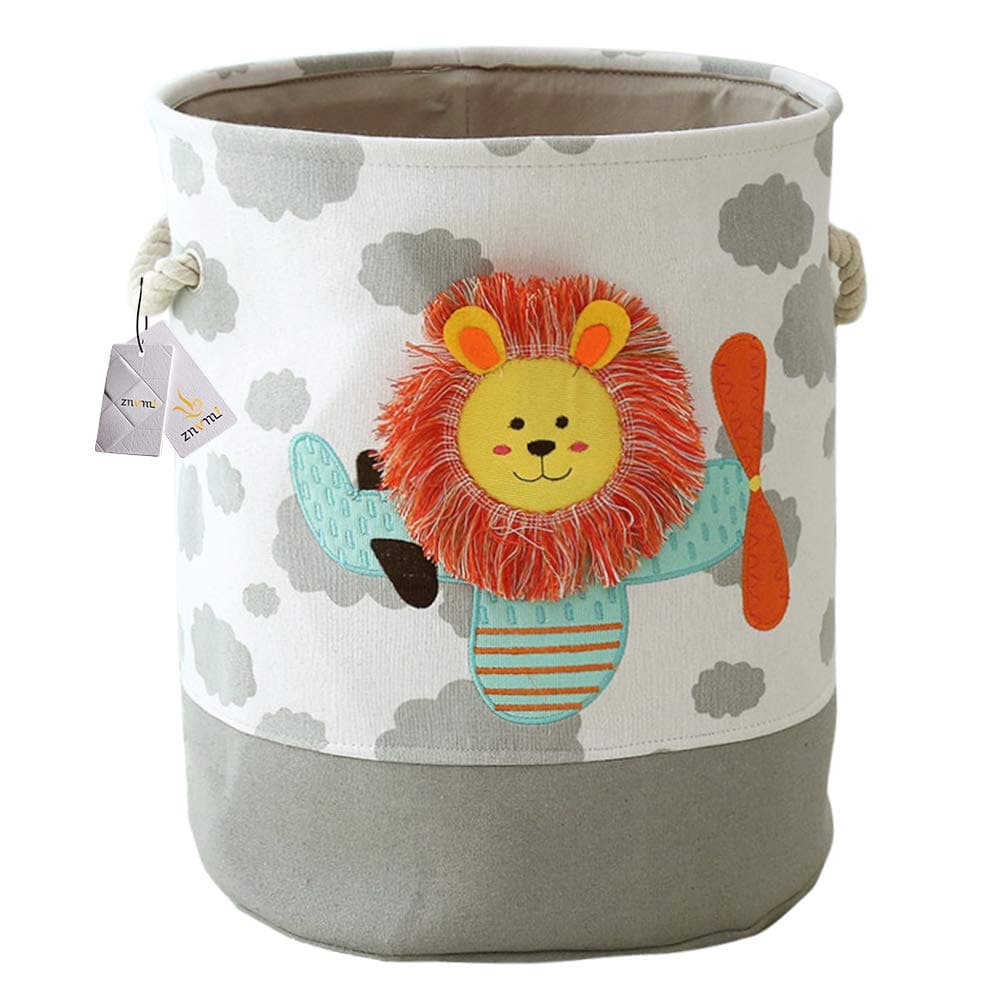 Large Laundry Basket Collapsible Fabric Nursery Hamper Cute Cartoon Clothes Bag Children Toys Storage - Lion/Grey