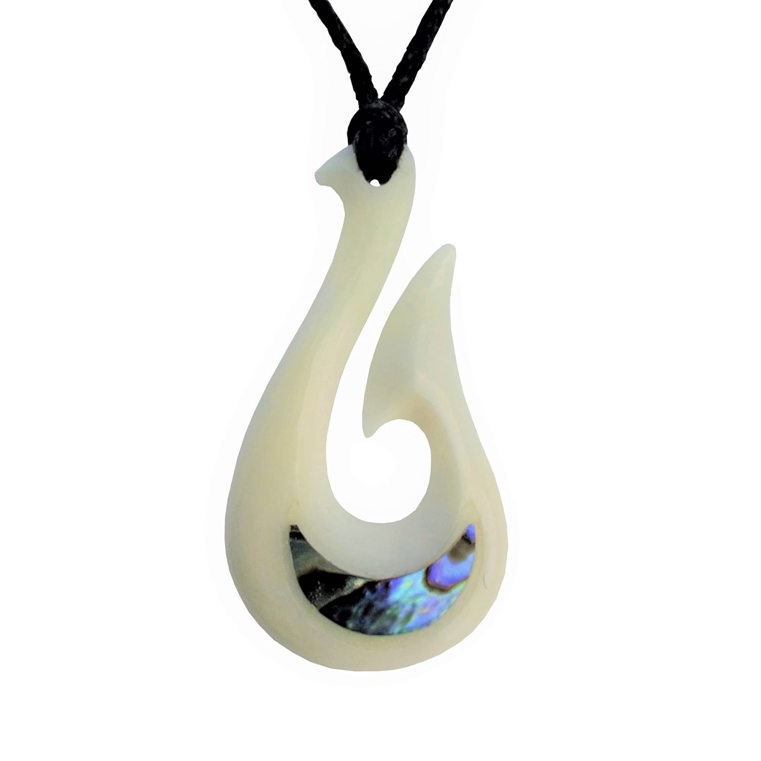 Hand Carved Maori Bone & Paua Shell Hei Matau Fish Hook Pendant from New Zealand