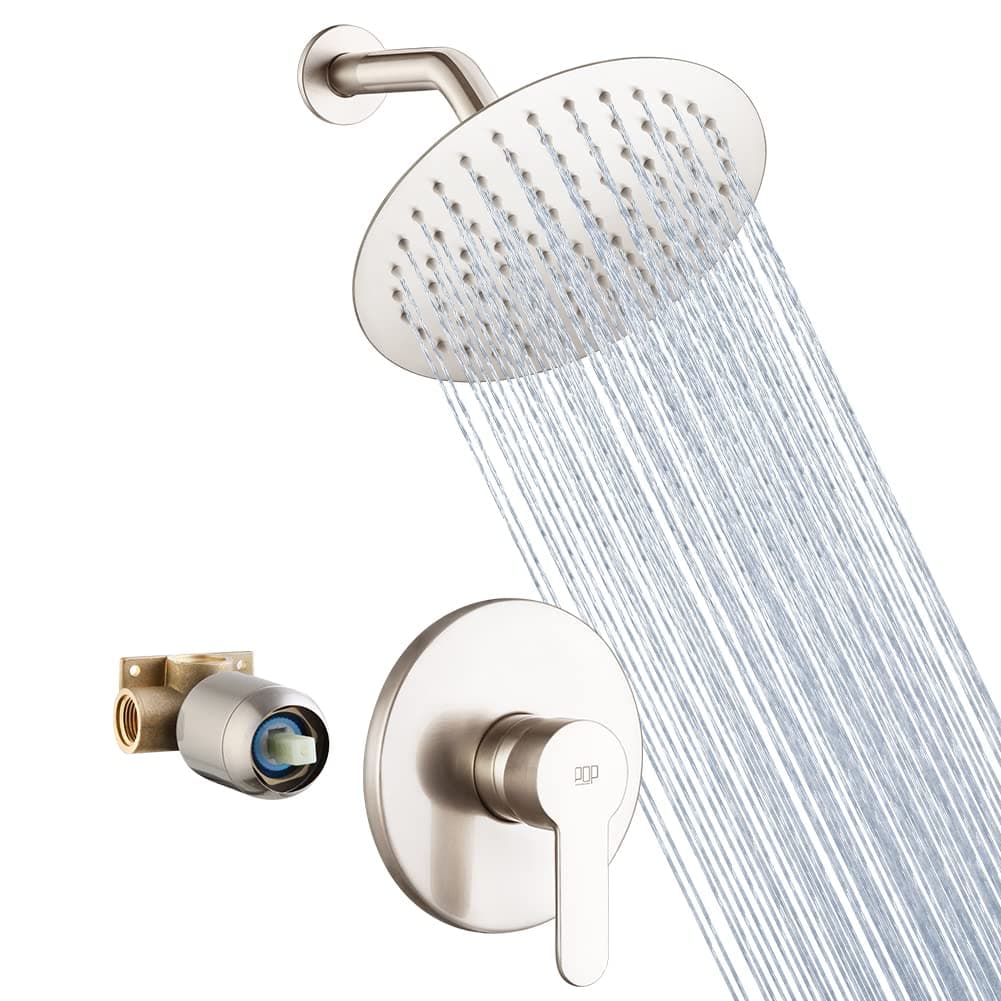 POP SANITARYWARE Shower Faucet Set Brushed Nickel Bathroom Rainfall Shower System Wall Mounted 8" Inch Shower Head and Handle Set Single Function Shower Trim Kit with Rough-in Valve