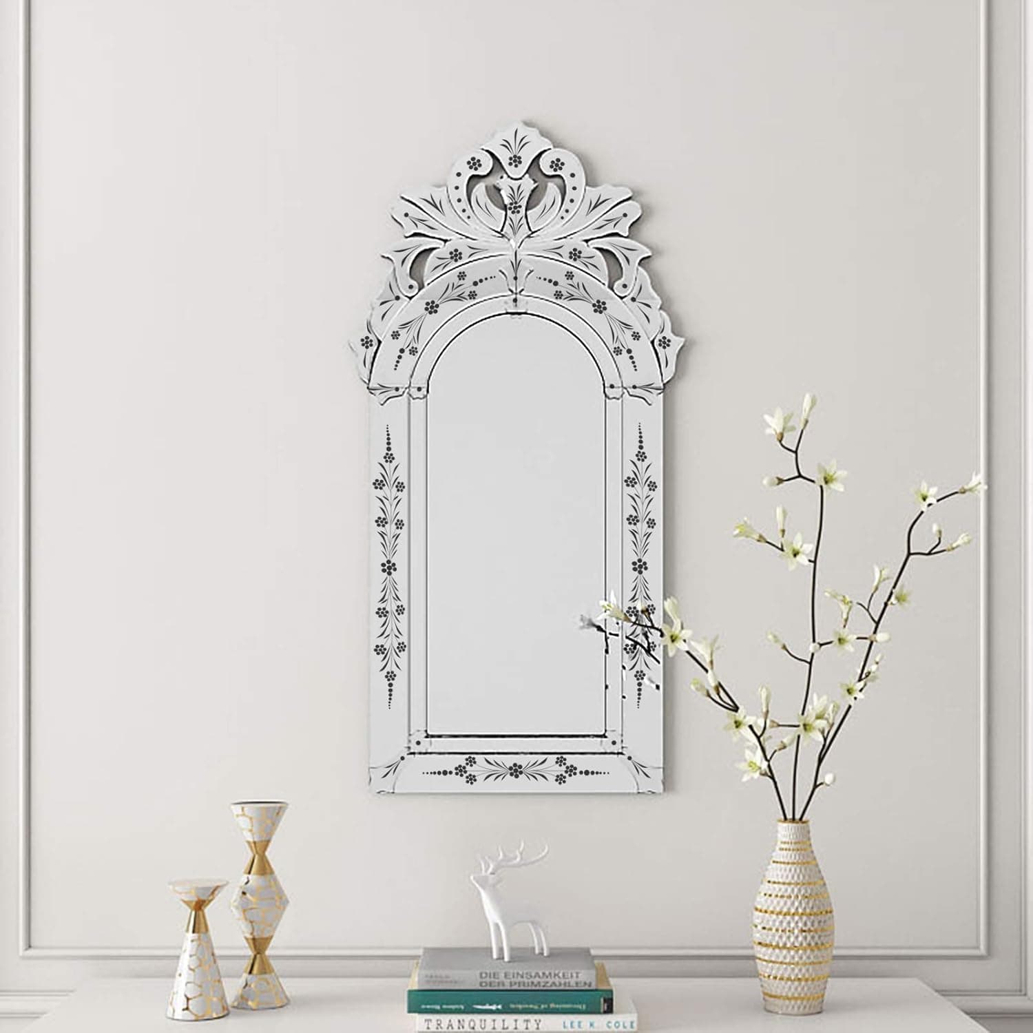 KOHROS Bathroom Vanity Mirror with Floral Etched 40" x 21" Decorative Wall Mirror Frameless Beveled Edge Bathroom Mirror for Vanity Bedroom