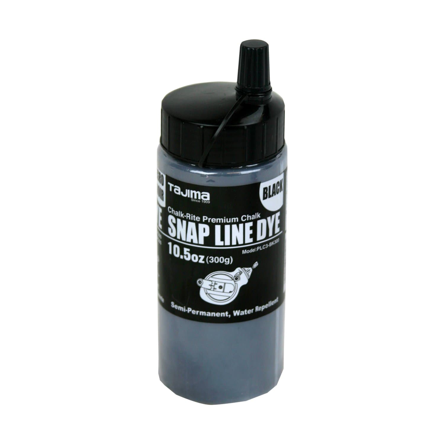 TAJIMA Marking Chalk - Black 10.5 oz (300g) Semi Permanent Snap-Line Dye with Durable Bottle & Easy-Fill Nozzle - PLC3-BK300